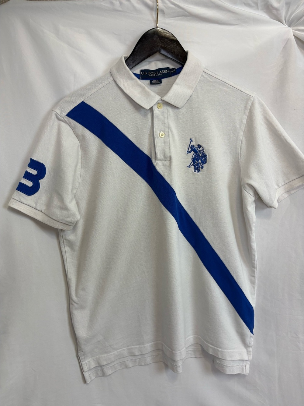 U.S. Polo Assn. White Polo with Bold Blue Diagonal Stripe